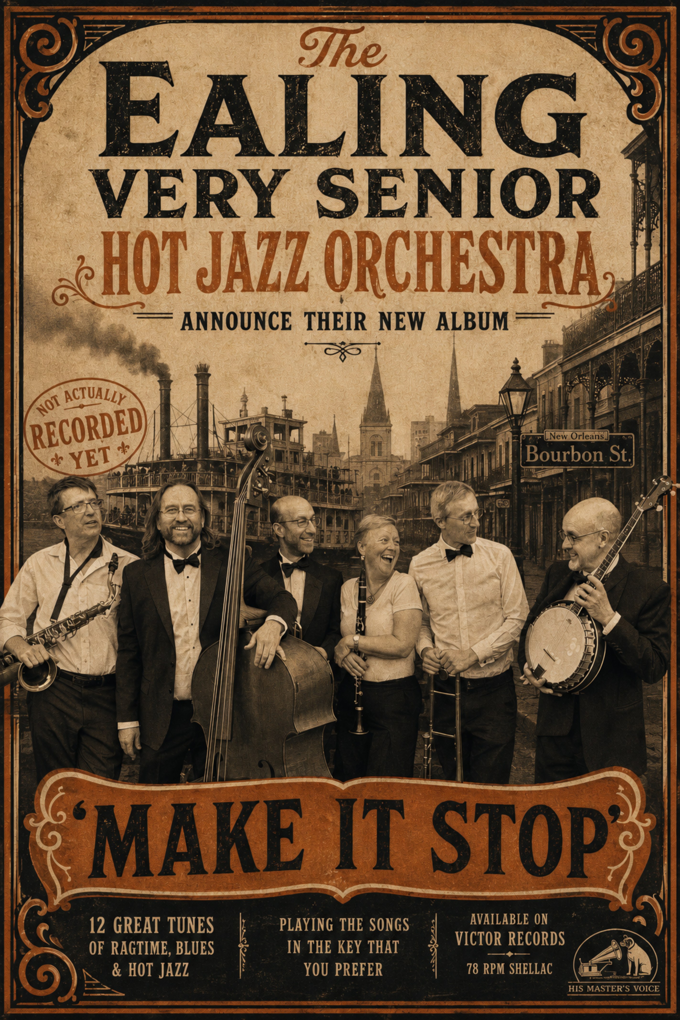 Vintage album poster for The Ealing Very Senior Hot Jazz Orchestra's album 'Make It Stop' on Victor Records, 78 RPM shellac.